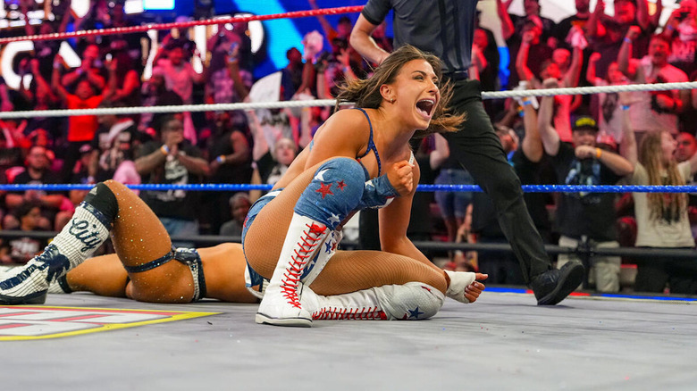 Kendal Grey celebrates after winning the WWE NXT Women's Title