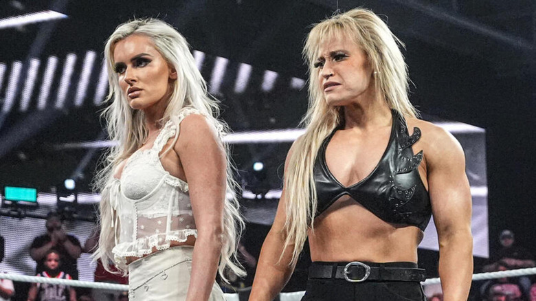 Blake Monroe and Jordynne Grace look on with serious expressions during an episode of "WWE NXT."