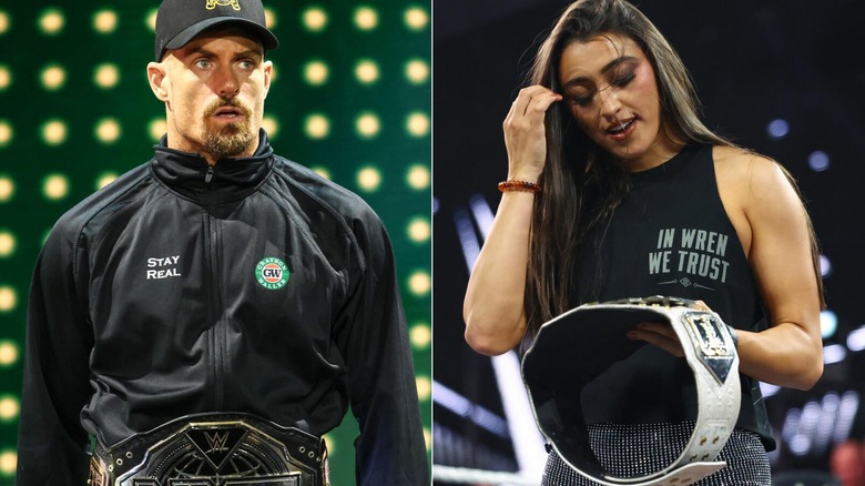 Grayson Waller wearing the NXT Championship & Wren Sinclair holding the NXT Women's Championship