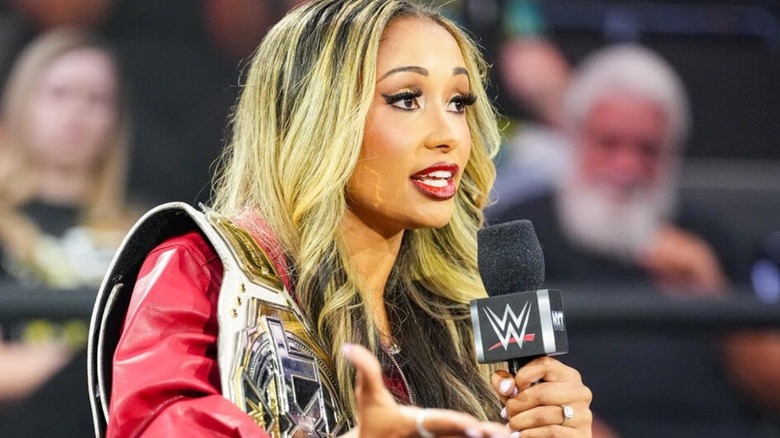 NXT Women's Champion Kelani Jordan cuts a promo on Wren Sinclair as she walks to the ring during an episode of "WWE NXT."