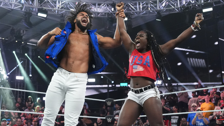 Tavion Heights and Tyra Mae Steele celebrate in the ring on an episode of "NXT."