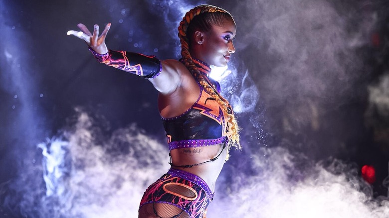 Kelani Jordan poses during her entrance at WWE NXT Heatwave 2026
