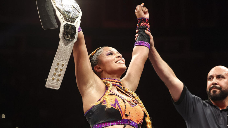 Kelani Jordan gets her hand raised with the NXT Women's Championship at Heatwave 2026