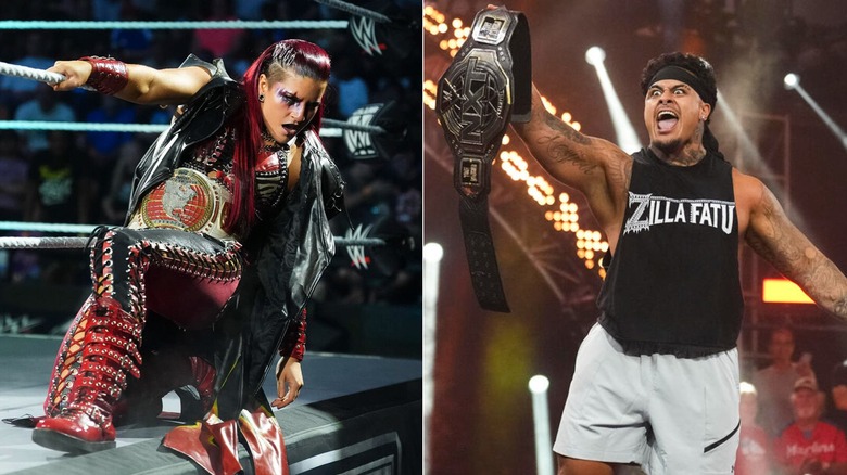 Zaria enters the ring wearing her women's North American title & Zilla Fatu holds up the NXT Championship