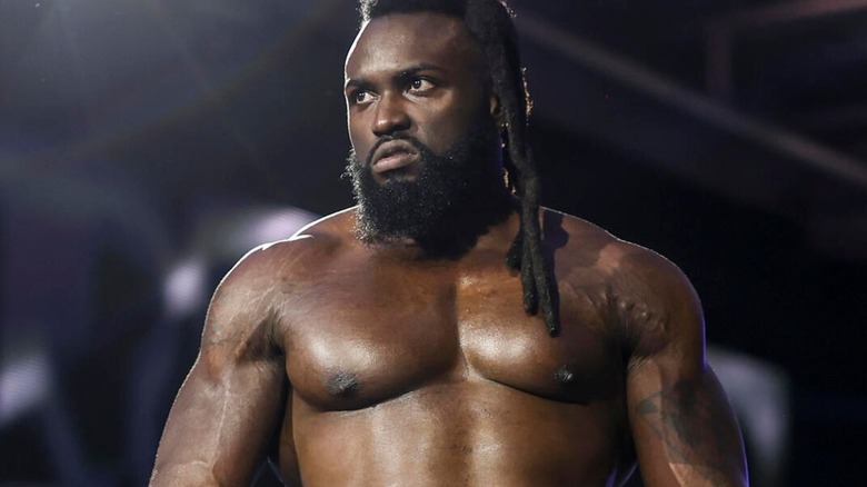 Keanu Carver stares down the ramp from the ring ahead of a match on "WWE NXT."