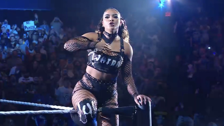 Jaida Parker points to her chest during her entrance.