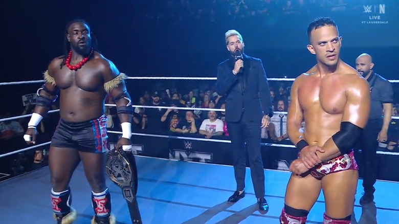 Femi and Saints in the ring during the ring announcement