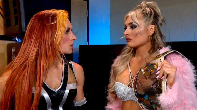 Becky Lynch and Tiffany Stratton interacting backstage