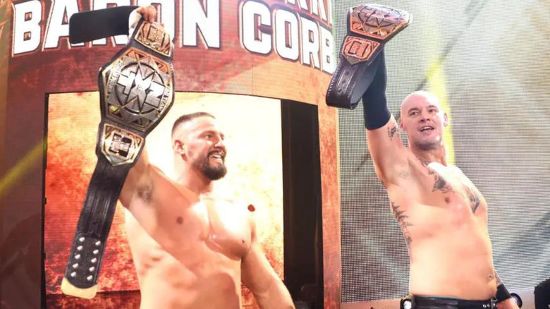 Bron Breakker and Baron Corbin with NXT Tag Team Titles