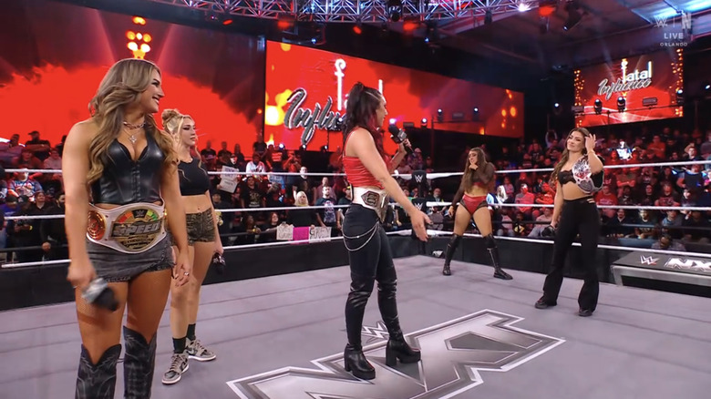 Jacy Jayne, Fallon Henley, and Laney Reid confront Kendal Grey and Wren Sinclair.