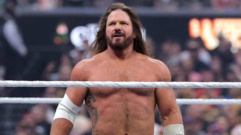 AJ Styles reacts in the ring during his match against Logan Paul during WrestleMania 41
