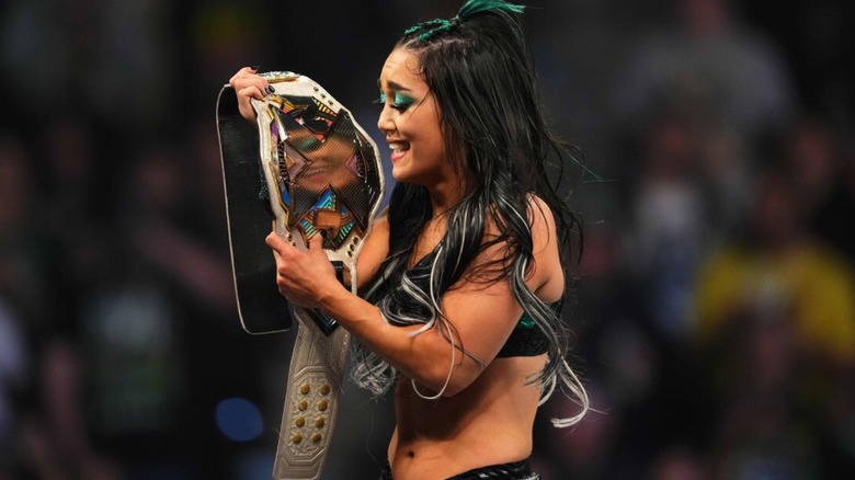 Roxanne Perez holds the "NXT" Women's Championship after defeating Lyra Valkyria at "NXT" Stand & Deliver.
