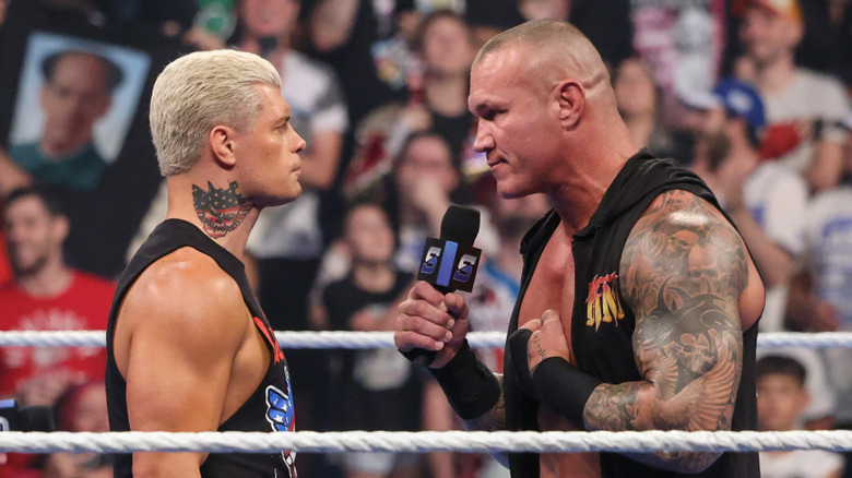 Cody Rhodes and Randy Orton speak during SmackDown at Rupp Arena on June 13, 2025 in Lexington, Kentucky.