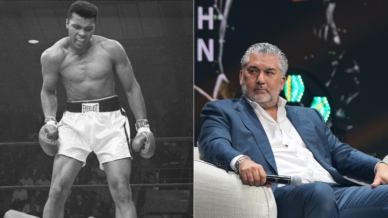 [Left] Muhammad Ali in the boxing ring [Right] Nick Khan at a panel in Riyadh