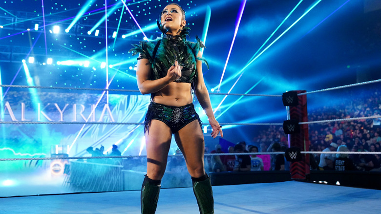 Lyra Valkyria makes her in-ring entrance during an episode of Monday Night RAW at Bon Secours Wellness Arena on May 13, 2024 in Greenville, South Carolina.