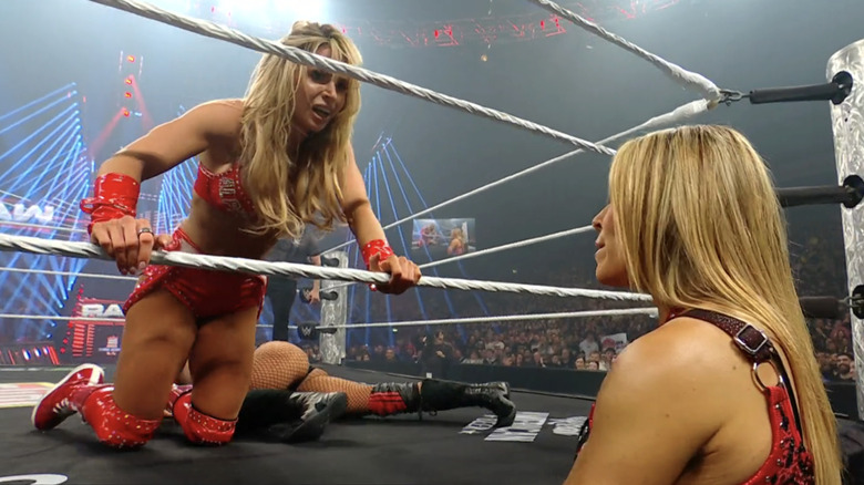 Maxxine Dupri looks distraught at a ringside Natalya.