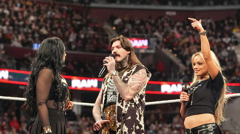 Dominik Mysterio addresses Stephanie Vaquer in front of Liv Morgan