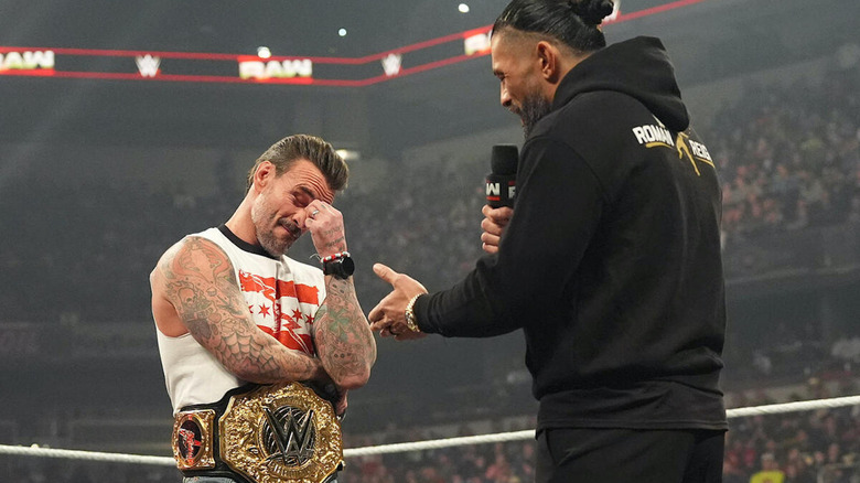 Roman Reigns cutting a promo on CM Punk on "WWE Raw"