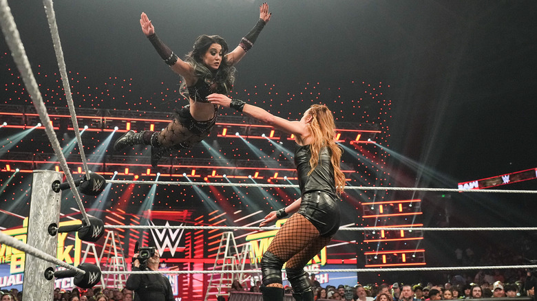 Roxanne Perez in action against Becky Lynch during Monday Night RAW at Bon Secours Wellness Arena on May 19, 2025 in Greenville, South Carolina.