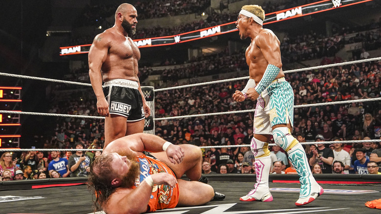 Rusev staring down Tozawa after laying out Otis