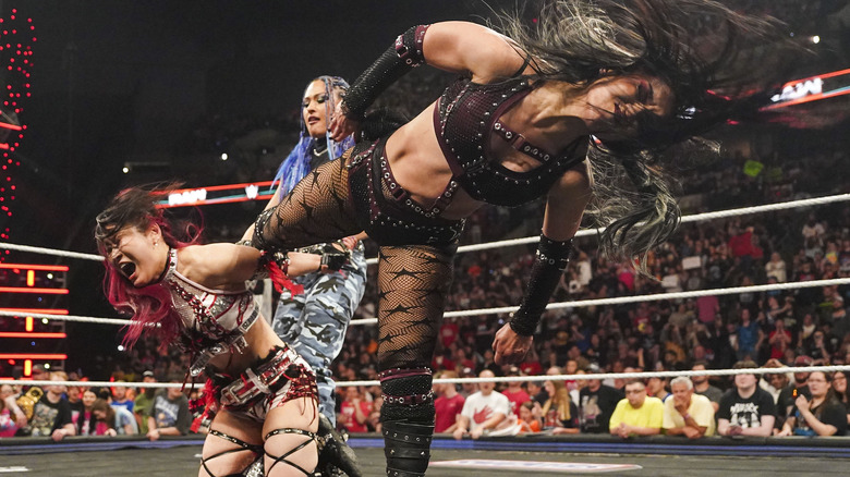 Roxanne Perez in action against IYO SKY during Monday Night RAW at CHI Health Center on May 5, 2025 in Omaha, Nebraska.
