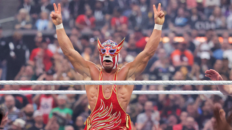 El Grande Americano (C) celebrates his victory over Rey Fenix during WrestleMania 41 at Allegiant Stadium on April 19, 2025 in Las Vegas, Nevada.