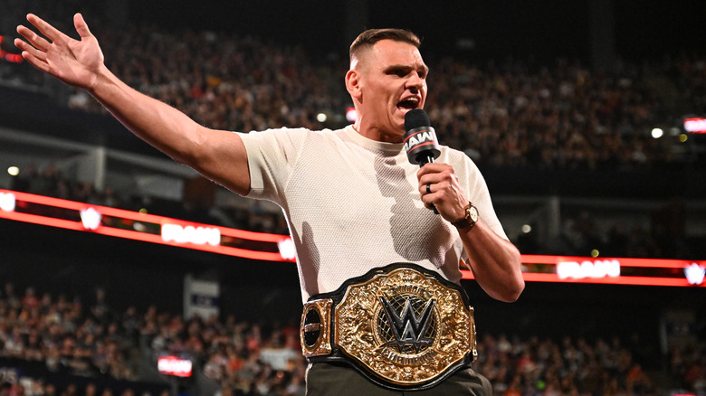 World Heavyweight Champion Gunther addresses the crowd during "WWE Raw"