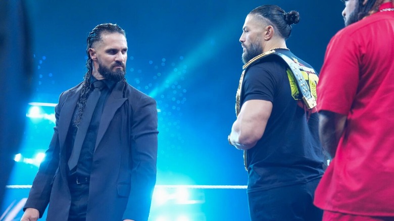 Seth Rollins stares down Roman Reigns and Jacob Fatu on "WWE Raw"