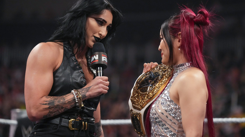 Rhea Ripley addressing IYO SKY in the ring