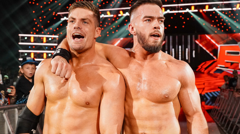 Grayson Waller and Austin Theory of A-Town Down Under celebrate their win during Monday Night RAW at CFG Bank Arena on August 5, 2024 in Baltimore, Maryland.