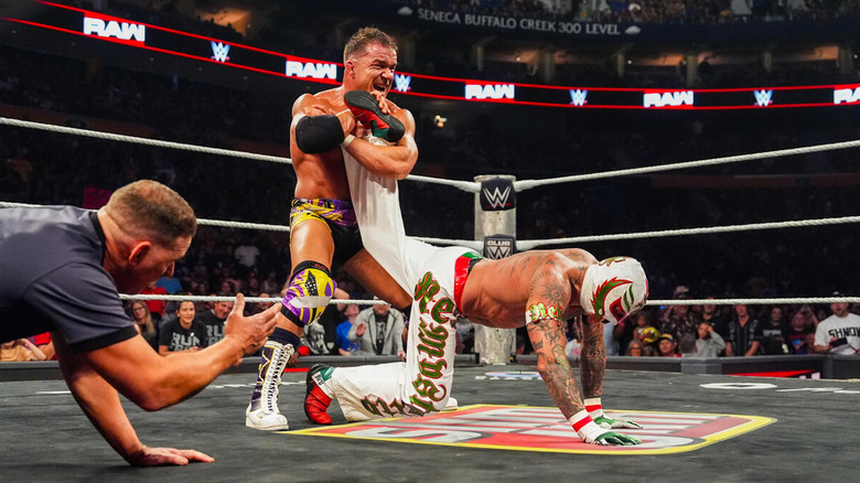 Chad Gable with an ankle lock on Rey Mysterio in the ring on "WWE Raw"