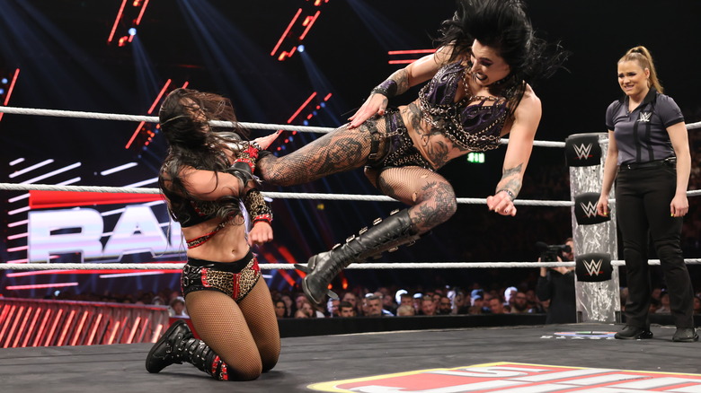 Rhea Ripley delivers a kick to Roxanne Perez on "WWE Raw"