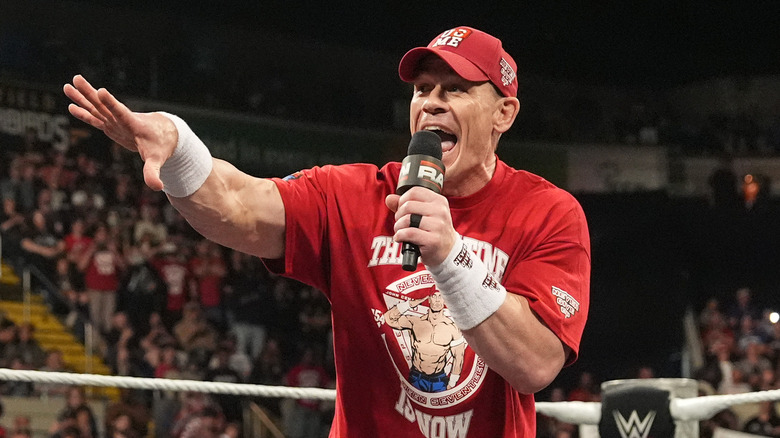 John Cena addresses the audience during Monday Night RAW at Mass Mutual Center on September 15, 2025 in Springfield, Massachusetts.