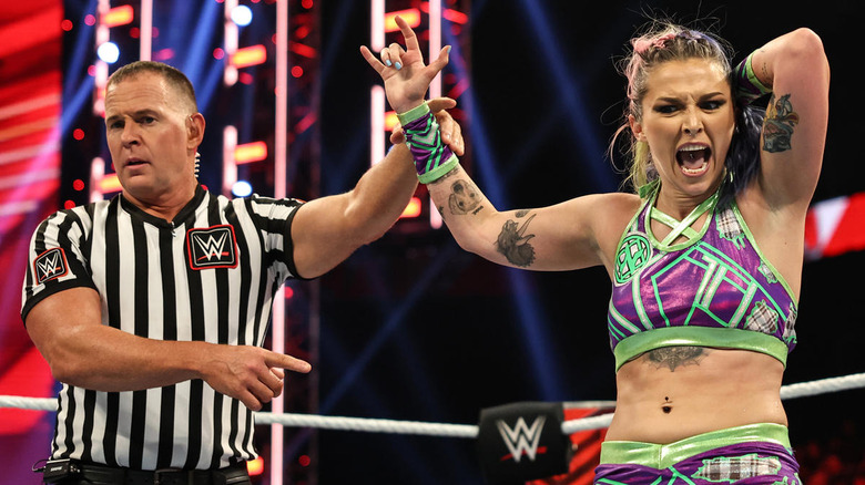 Referee holds up Tegan Nox's arm