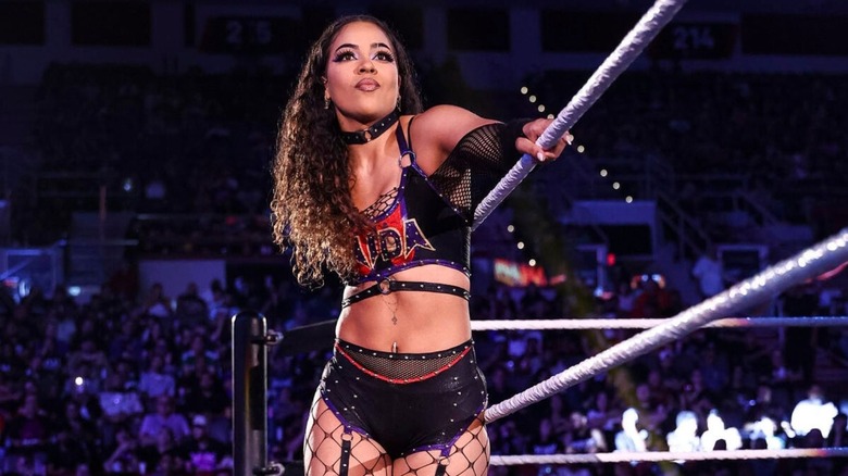 Jaida Parker looks toward the crowd as she poses on the apron before her "WWE NXT" Heatwave 2026 match against Nattie.