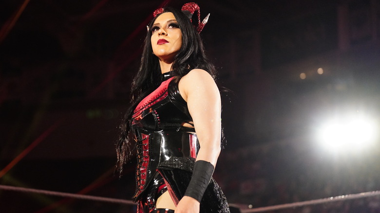 Stephanie Vaquer makes her entrance during Monday Night RAW at Resch Center on June 16, 2025 in Green Bay, Wisconsin.