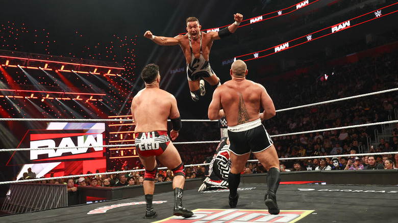 Chad Gable hits a leaping double clothesline on Ethan Page and Rusev from the top rope on "WWE Raw"