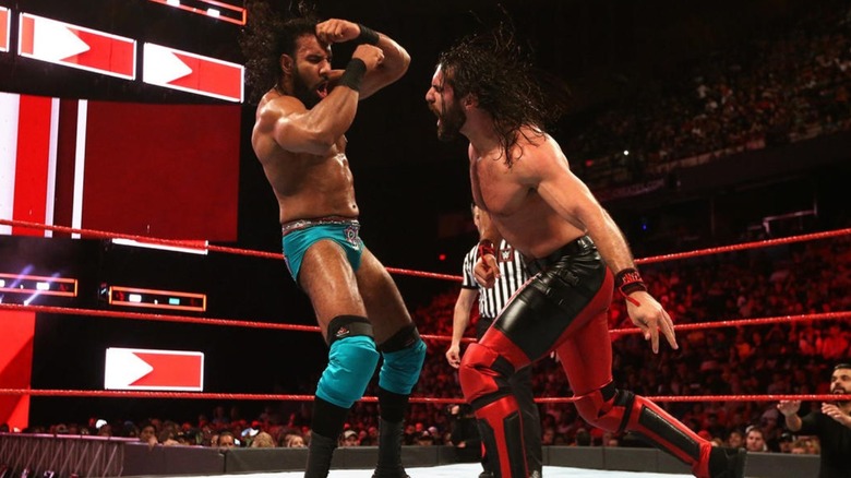 Jinder Mahal and Seth Rollins duke it out