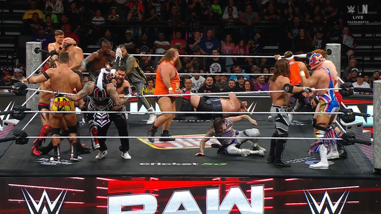 Everyone brawling in the ring