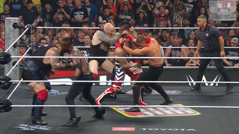 Everyone brawling in the ring with one another