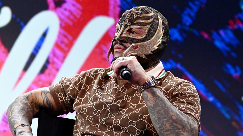 Rey Mysterio prepares to answer a question