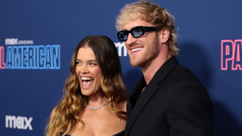 Nina Agdal and Logan Paul attend Max's "Paul American" premiere on March 26, 2025 in New York City.