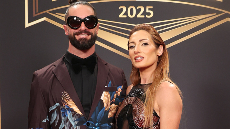 Seth Rollins and Becky Lynch on the Red Carpet of the 2025 Hall of Fame at BleauLive Theater at Fontainebleau Las Vegas on April 18, 2025 in Las Vegas, Nevada.