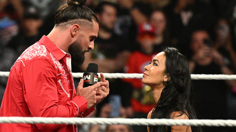 AJ Lee faces off with Seth Rollins during Monday Night RAW at Fiserv Forum on September 8, 2025 in Milwaukee, Wisconsin.