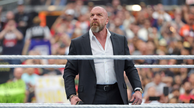 WWE Chief Content Officer Paul Levesque stands in the ring as he addresses fans during WrestleMania 41 at Allegiant Stadium on April 19, 2025 in Las Vegas, Nevada.