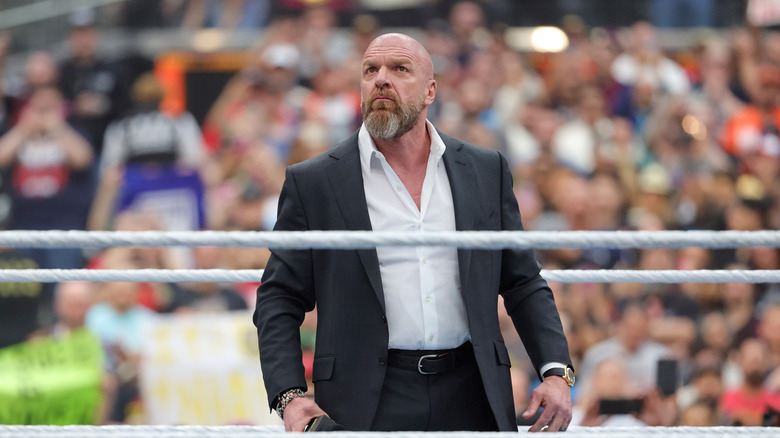 WWE Chief Content Officer Paul Levesque stands in the ring as he addresses fans during WrestleMania 41 at Allegiant Stadium on April 19, 2025 in Las Vegas, Nevada.
