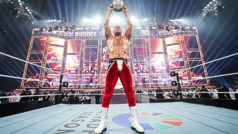 Cody Rhodes holds up the King of the Ring crown after defeating Randy Orton in the final at Night of Champions 2025 in Riyadh, Saudi Arabia.