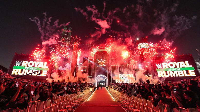 The Royal Rumble stage, engulfed in pyrotechnics
