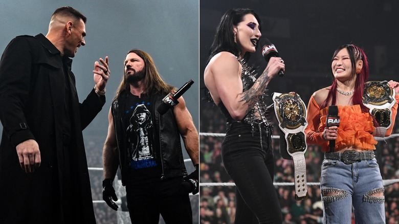 GUNTHER flips the microphone as he drops it following a promo segment involving AJ Styles on "WWE Raw" & Rhea Ripley and IYO SKY stand with microphones and their tag title belts on "WWE Raw"