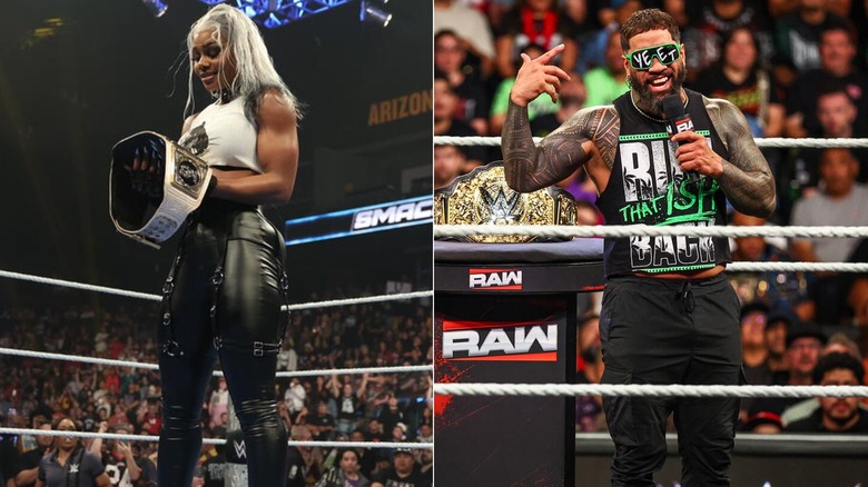 Jade Cargill looks at WWE Women's title on "SmackDown" & Jey Uso stands beside the World Heavyweight title on "Raw"